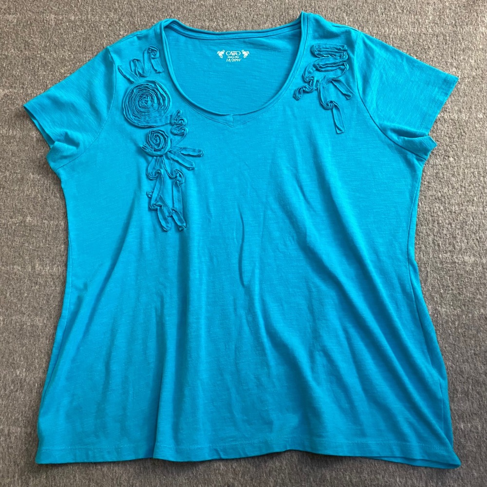 Cato Womens 18/20W Turquoise Blue Rosette Floral Applique Slub Knit V-Neck Tee